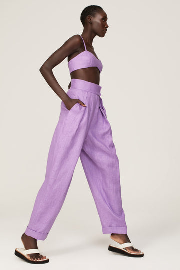 Lavender Linen Crop Top and High - Waist Wide - Leg Pants Set
