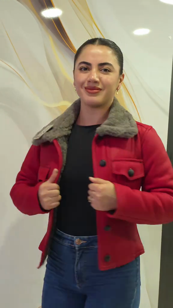 Red Cropped Jacket with Faux Fur Collar and Lining