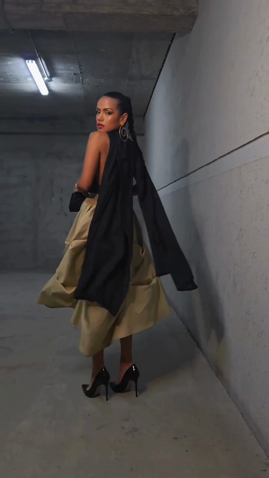 Black Satin Top and Khaki Pleated Midi Skirt Set