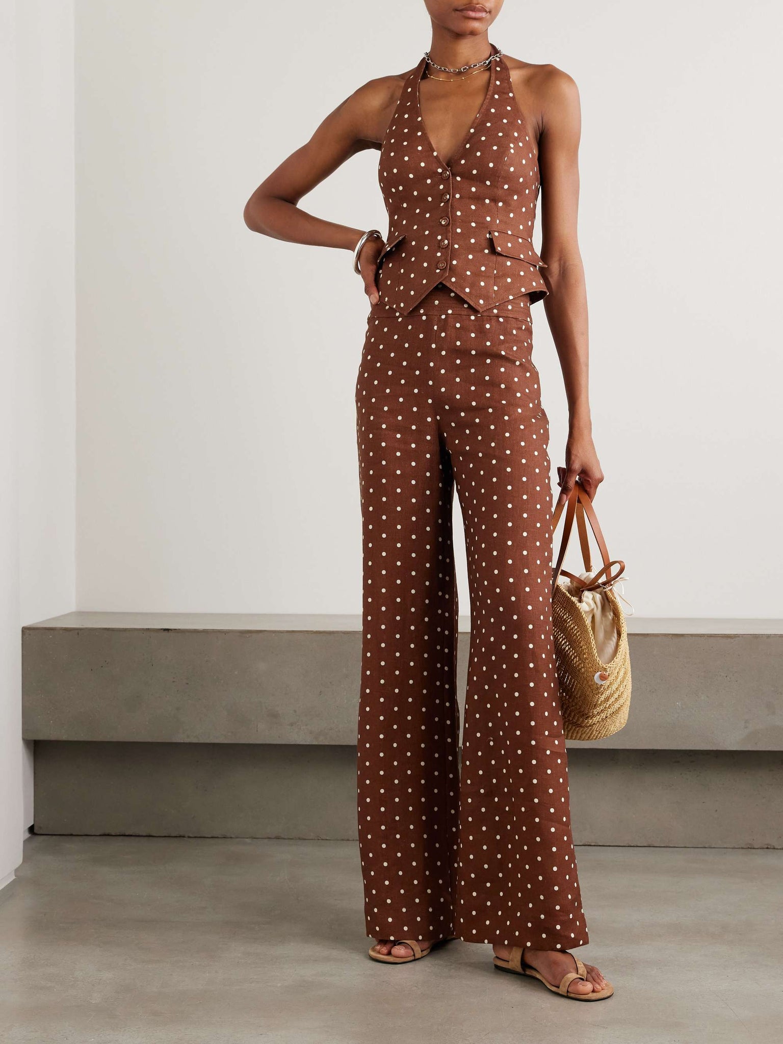 Brown Polka - Dot Halter Vest and Wide - Leg Pants Set