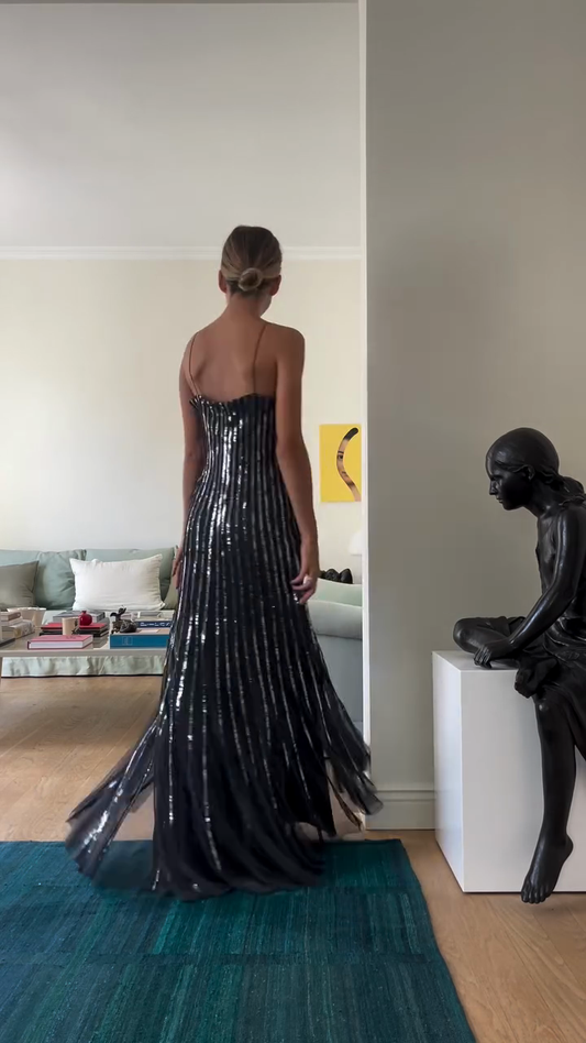 Black Sequined Striped Strappy Maxi Dress