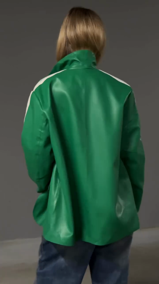 Green Faux Leather Jacket with White Striped Sleeves
