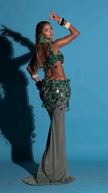 Green One - Shoulder Sequin and Disc Embellished Gown