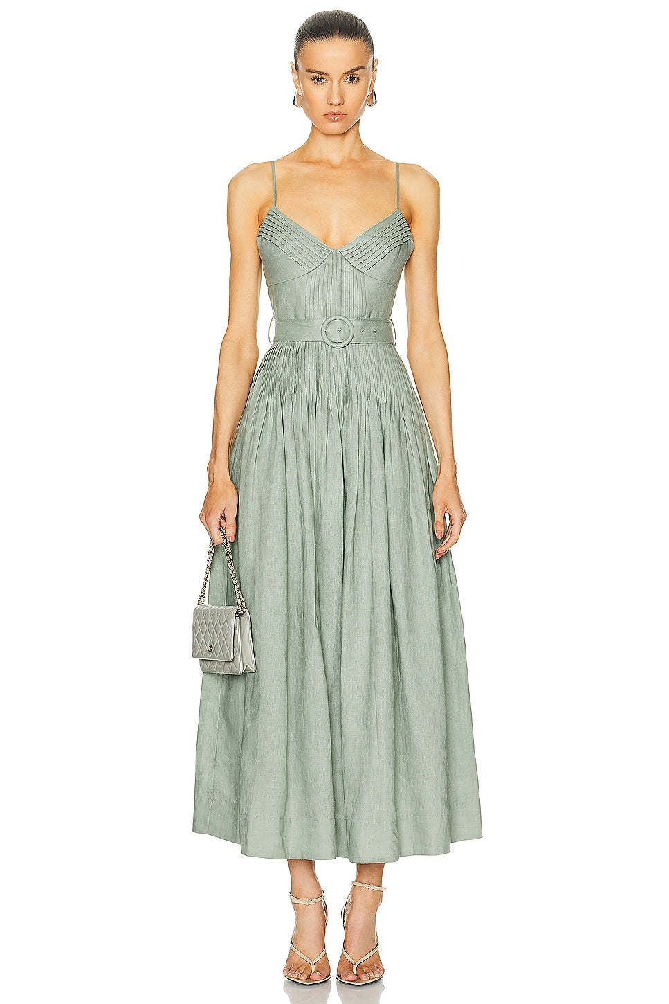 Light Green Spaghetti - Strap Midi Dress with Belt