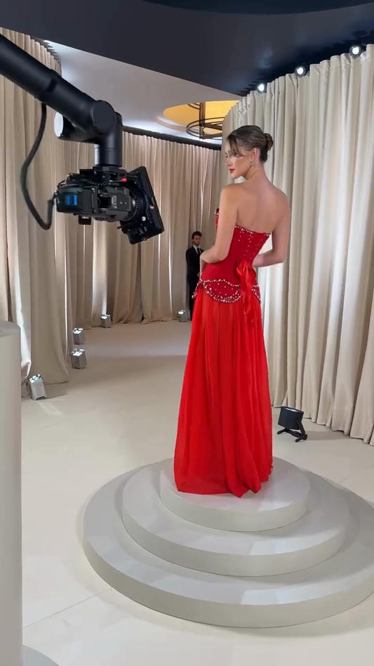 Red Strapless Embellished Gown