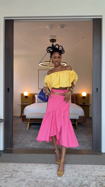 Yellow Off - Shoulder Top & Pink Asymmetric Midi Skirt Set