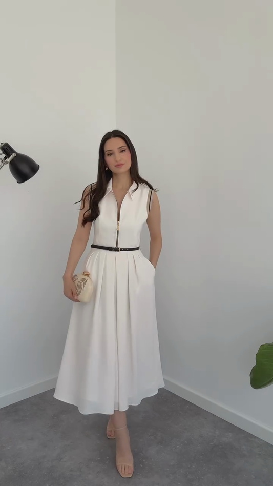 White Sleeveless Collared Zip - front Midi Dress