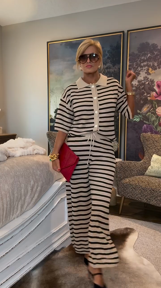 Black and White Striped Polo - Style Top and Wide - Leg Pants Set