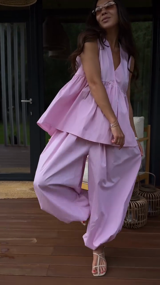 Lavender V - neck Sleeveless Top and Palazzo Pants Set