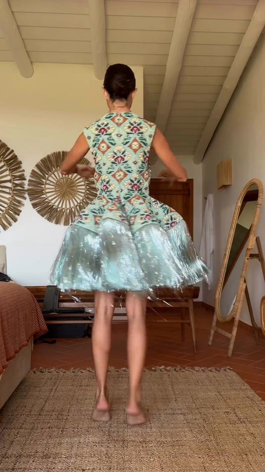 Embroidered Dress with Fringe Hem