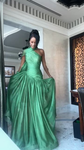 Emerald Green One Shoulder Ruched Gown