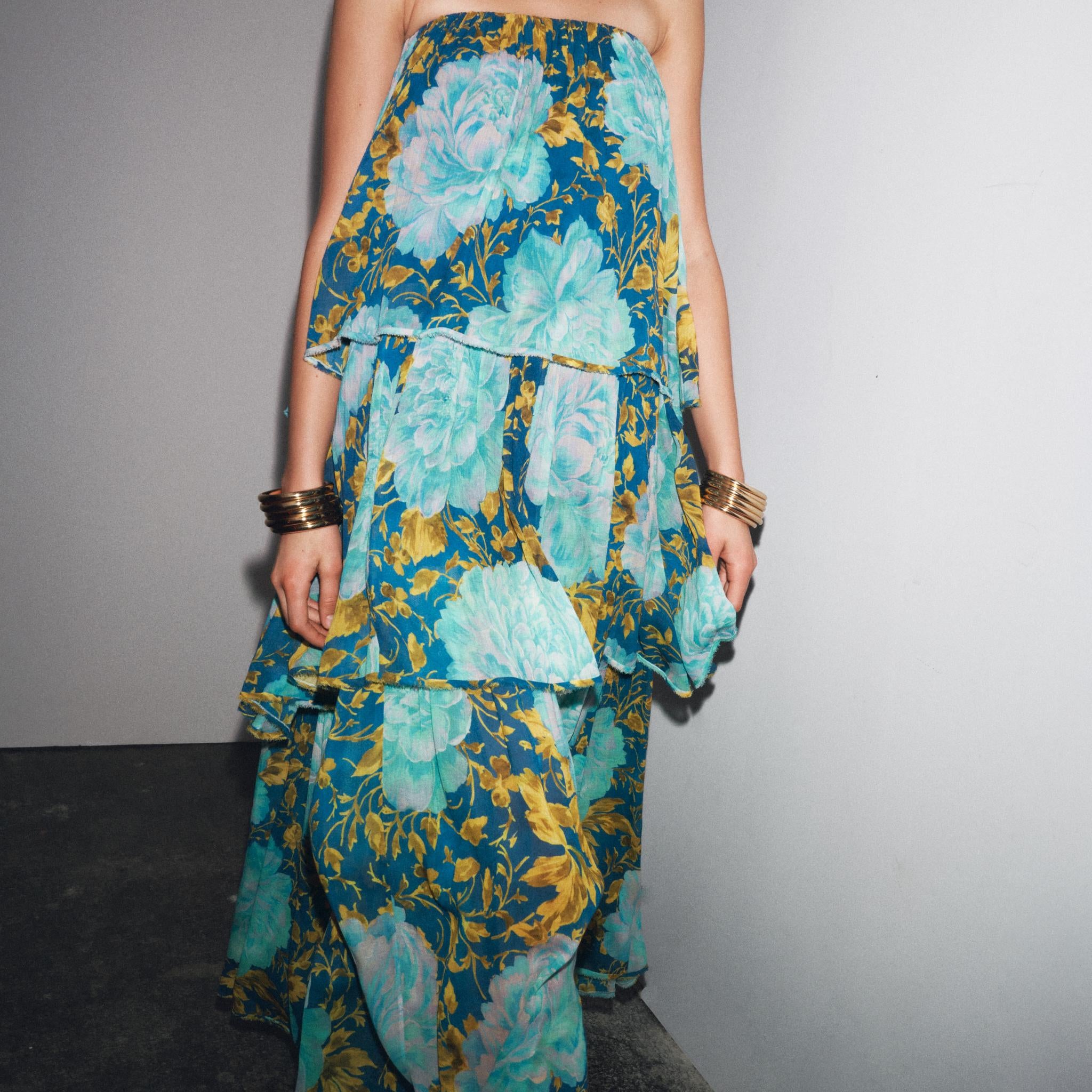 Blue Strapless Tiered Floral Maxi Dress