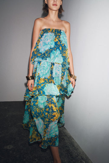 Blue Strapless Tiered Floral Maxi Dress