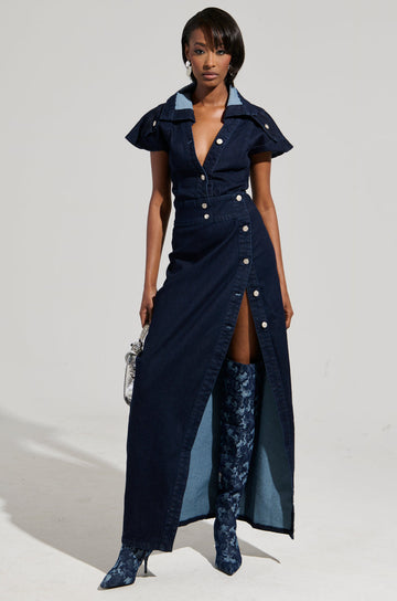 Denim Button-Up Front Slit Maxi Skirt