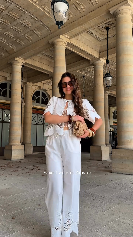 White Lace - Embroidered Top and Wide - Leg Pants Set