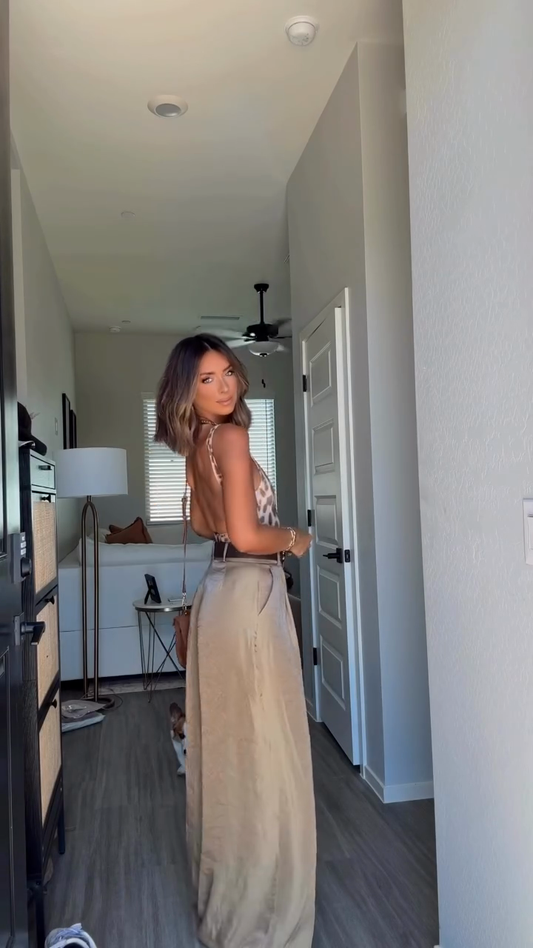 Leopard print camisole and beige wide-leg pants set