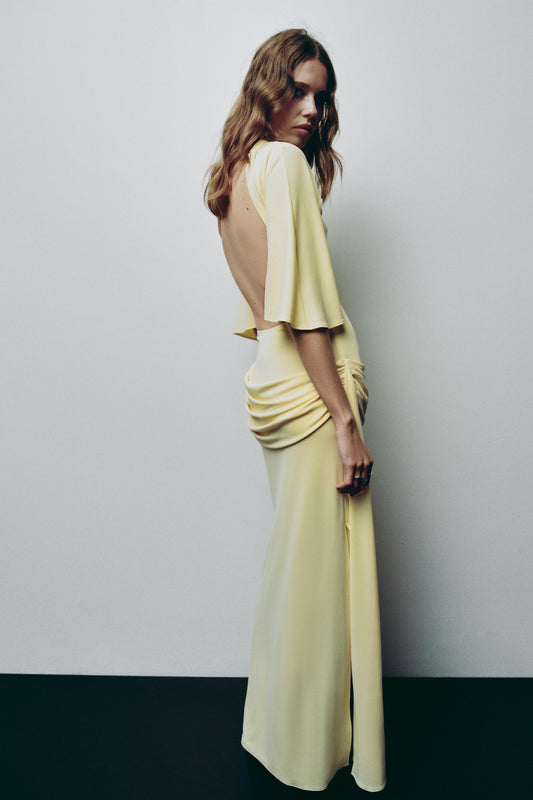 Yellow Draped Maxi Dress with Side Slit
