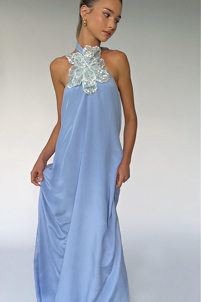 Light Blue Halter Neck Maxi Dress with Floral Applique