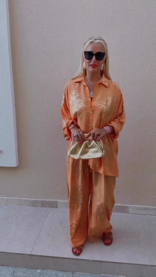 Orange Embroidered Shirt and Wide - leg Pants Set
