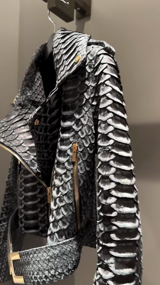 Black and Gray Snake - Print Leather Jacket