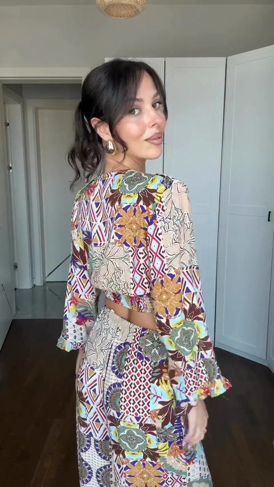 Floral Print Cropped Wrap Top and Wide - Leg Pants Set