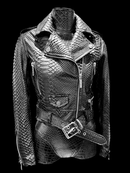 Black Python - Embossed Leather Moto Jacket