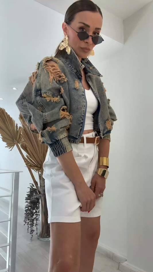 Distressed Cropped Denim Jacket