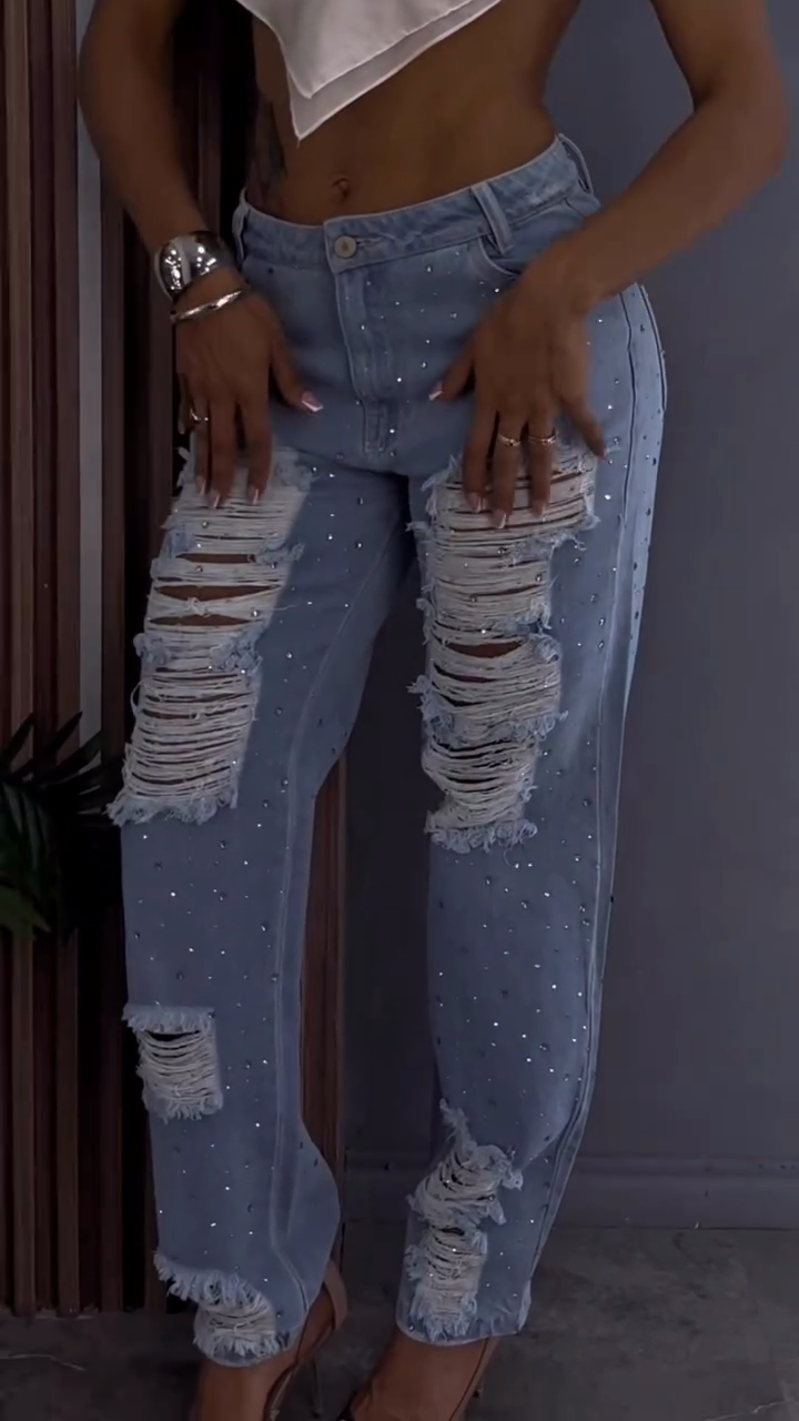 Embellished Distressed Light Blue Jeans
