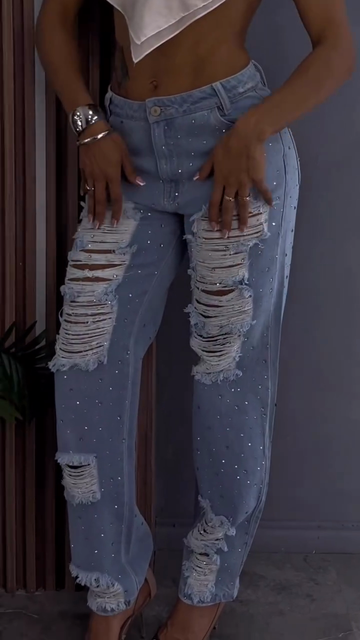 Embellished Distressed Light Blue Jeans