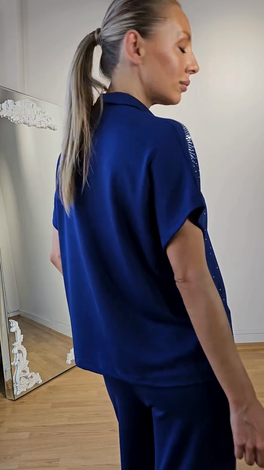 Rhinestone - Embellished Polo Top and Pants Set