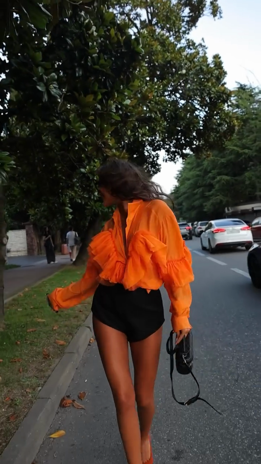 Orange Ruffled Long - sleeve Shirt