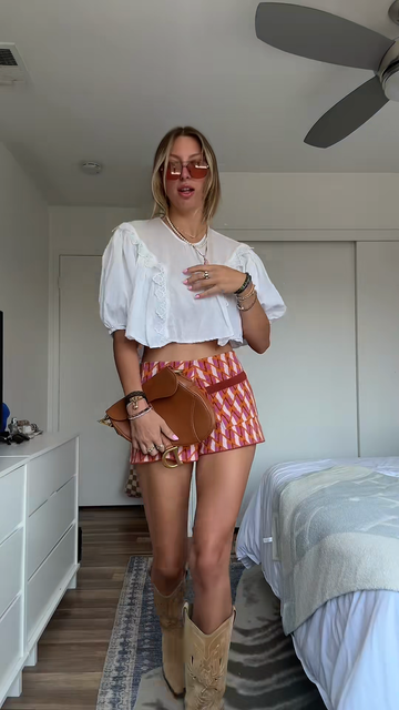 White Cropped Top with Puff Sleeves and Printed Shorts Set