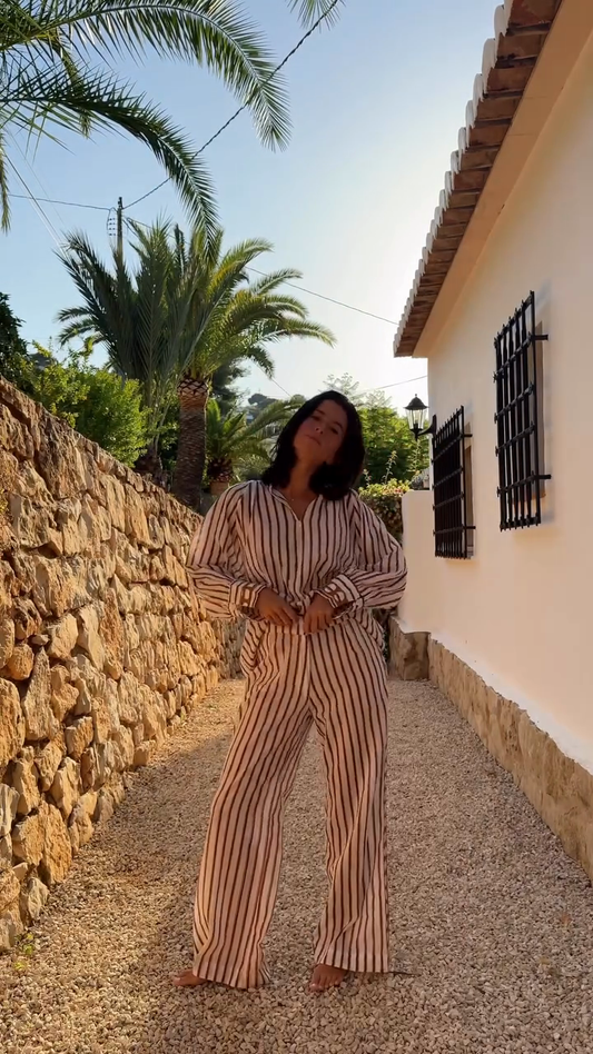 Brown and White Striped Loungewear Set