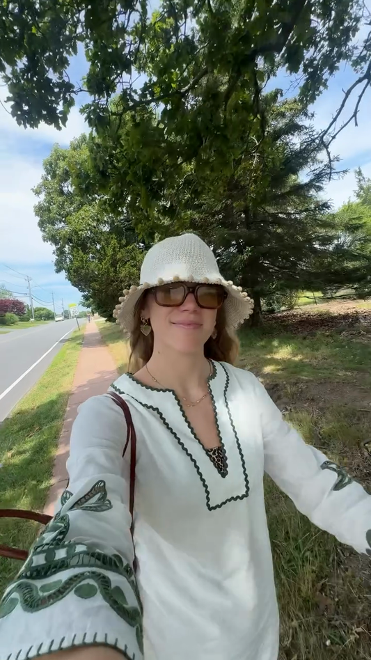 White Embroidered Short Dress with Green Detailing