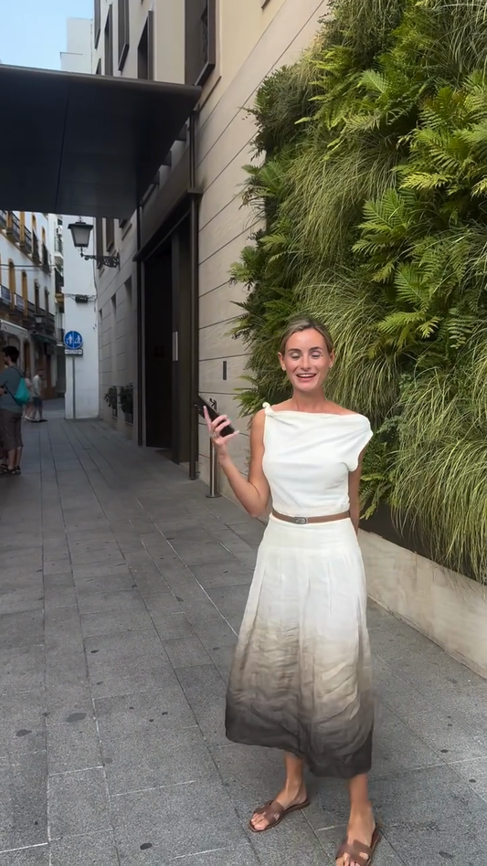 White Ombre Midi Dress with Brown Belt