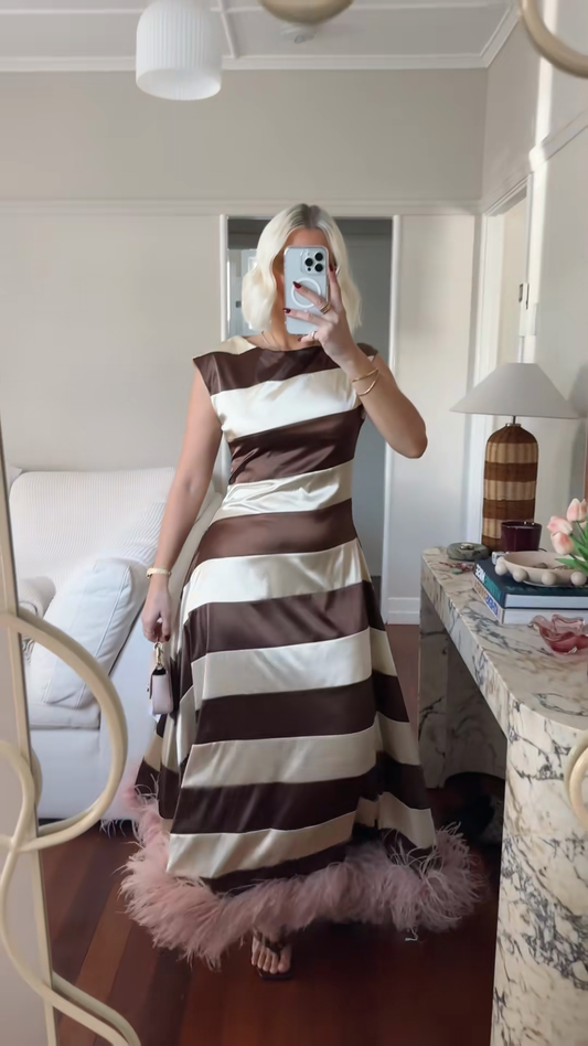 Striped Satin Midi Dress with Feather Trim
