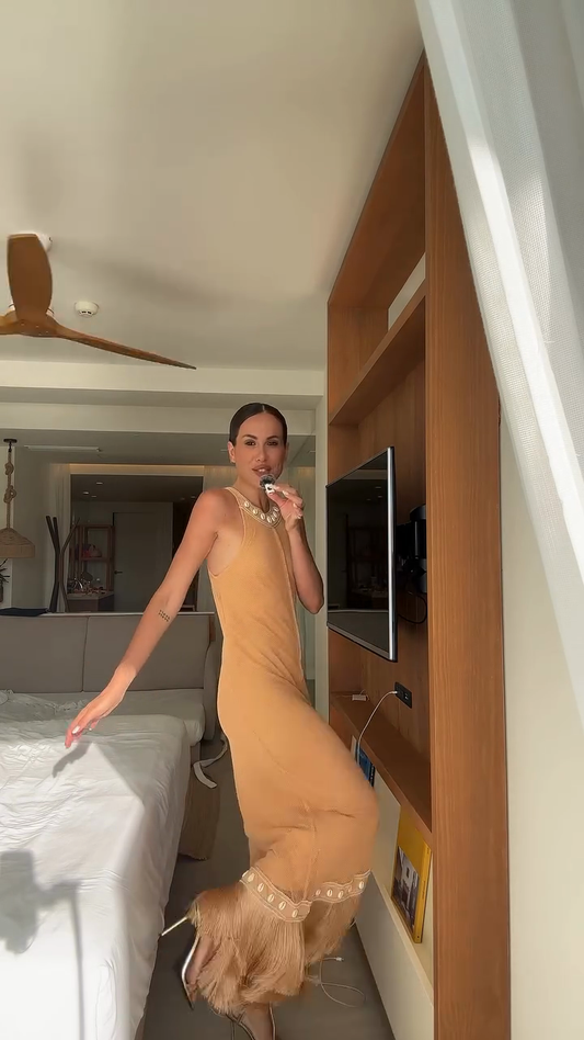 Orange Halter Neck Fringe - Hem Maxi Dress