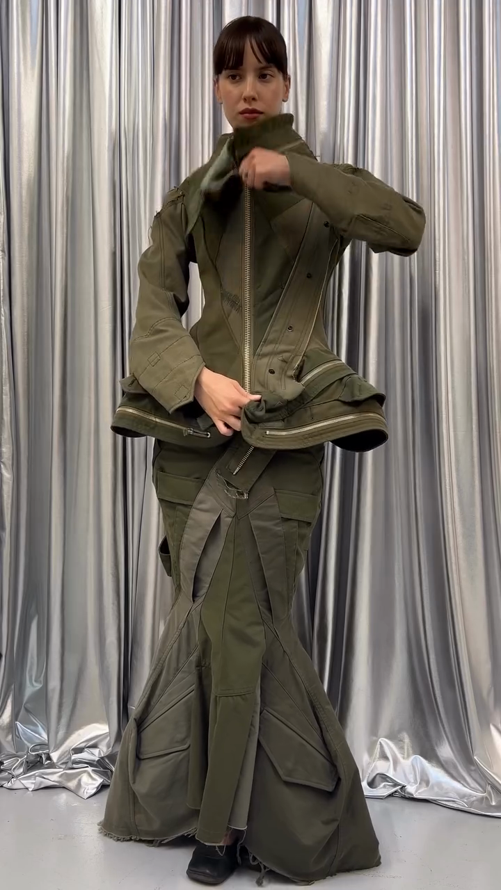 Olive Green Structured Jacket and Mermaid - Skirt Set