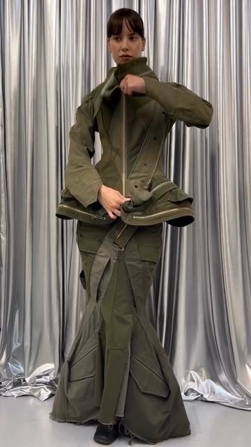 Olive Green Structured Jacket and Mermaid - Skirt Set