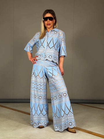 Light Blue Eyelet Embroidered Short - sleeved Shirt and Flared Pants Set