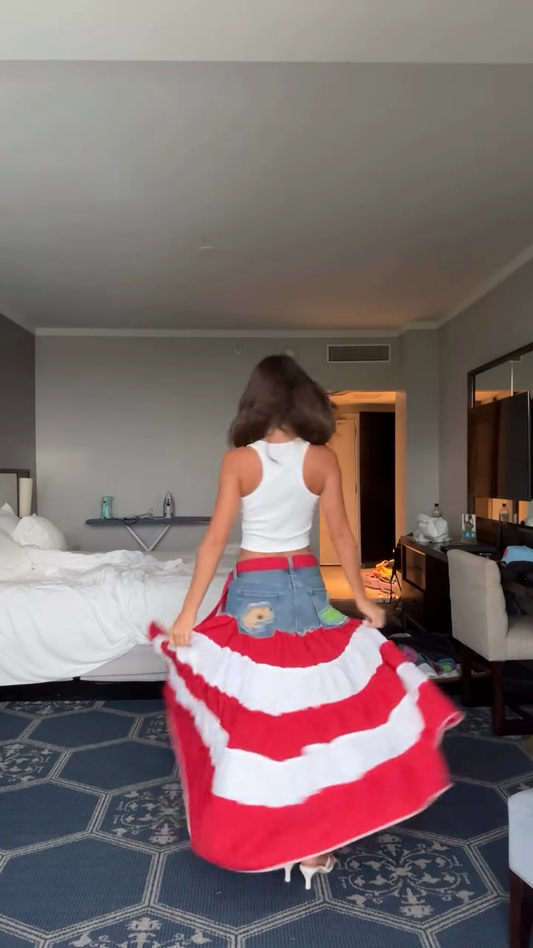 Denim Waistband Tiered Maxi Skirt with Floral Embroidery