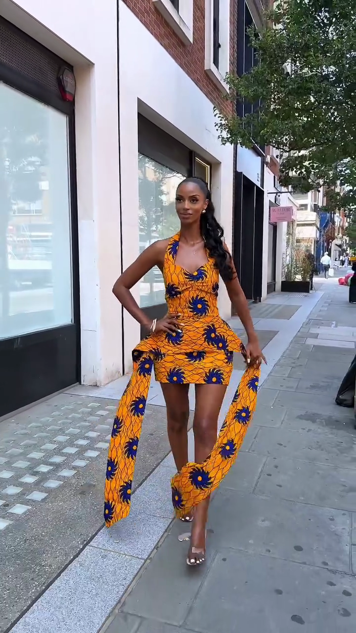 Orange and Blue Floral Print Halter Mini Dress