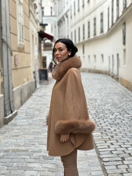 Camel Wool Cape with Fox Fur Trim