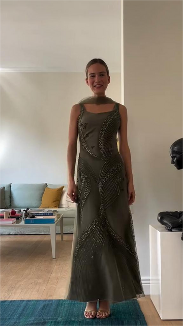 Embellished Olive - Green Evening Gown