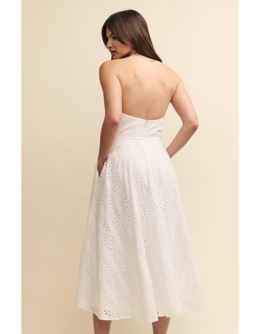 White Eyelet Embroidered Strapless Midi Dress