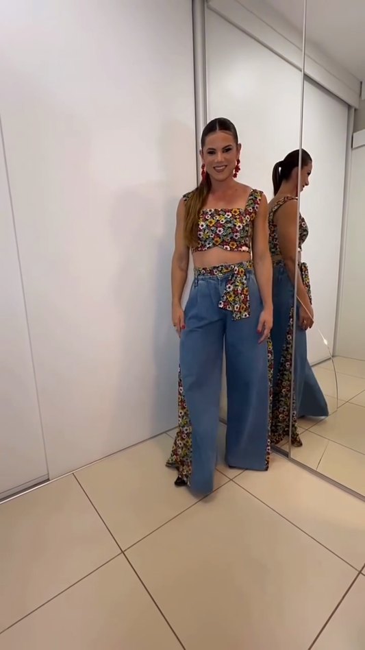 Floral Crop Top and Wide - Leg Denim Pants Set