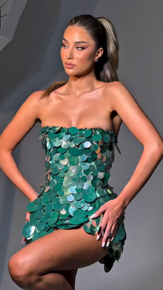 Emerald Green Sequin - Disc Strapless Mini Dress
