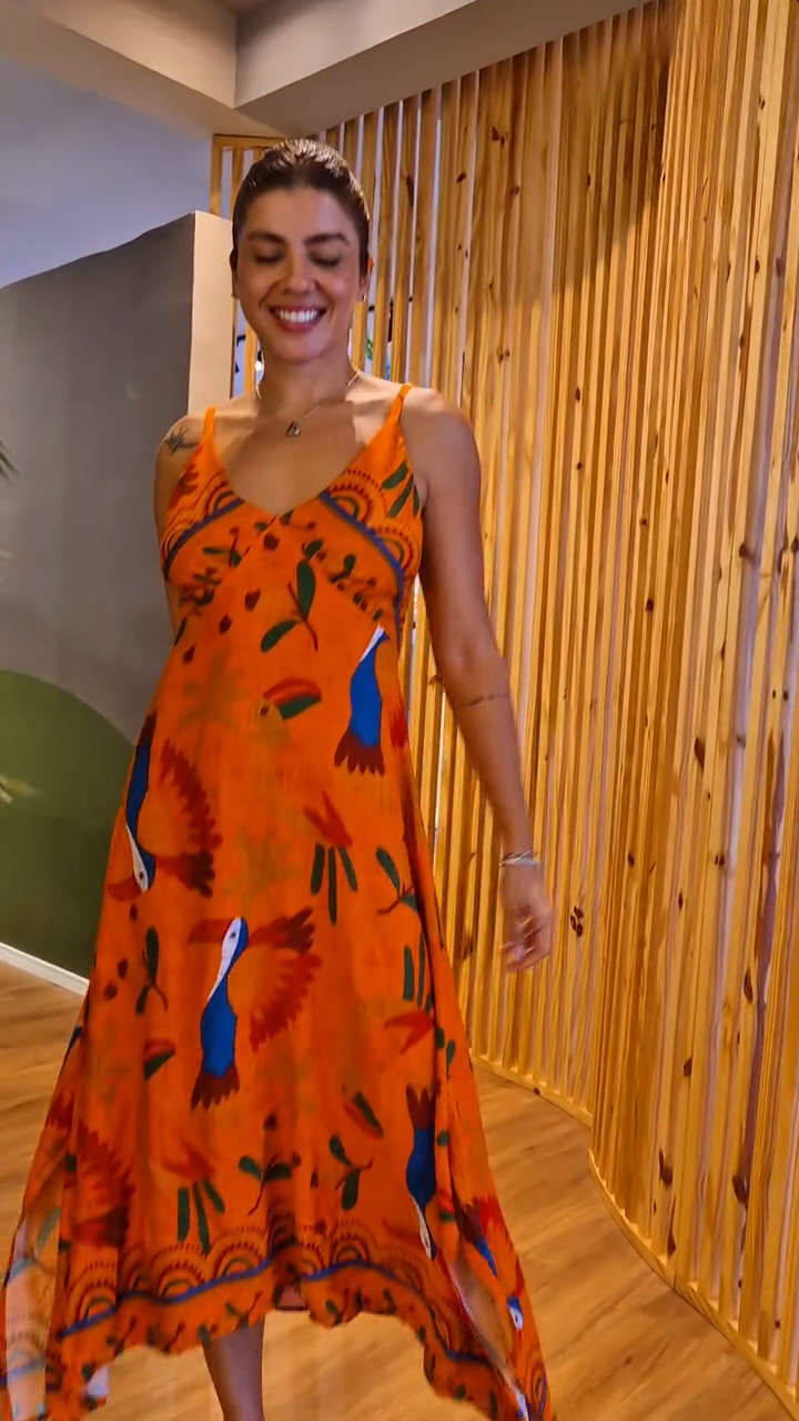 Orange Tropical Print Maxi Dress