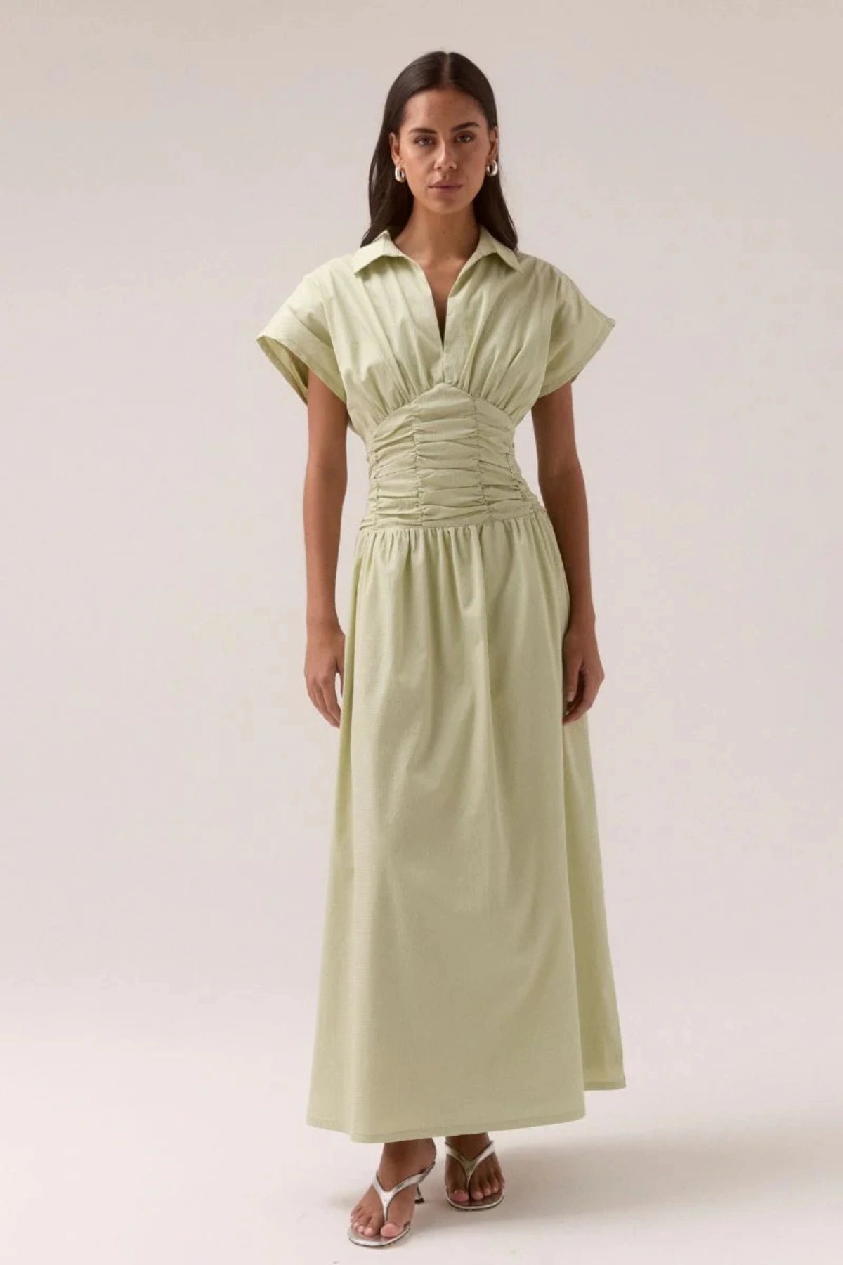 Pleated waist maxi shirt dress