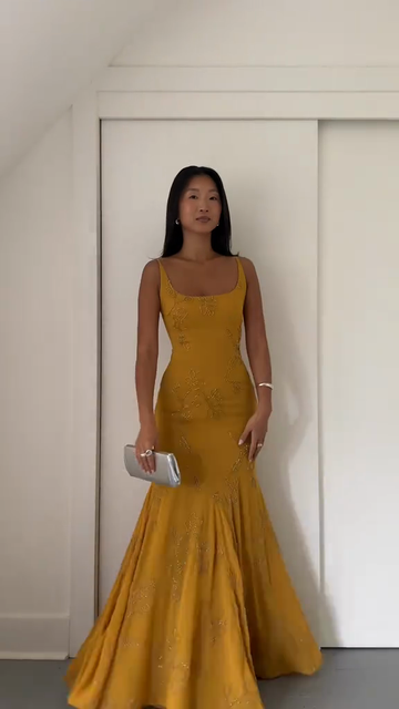 Mustard Yellow Embroidered Mermaid Gown